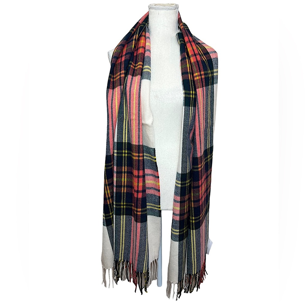 NWT J. Crew Factory plaid off white pink navy green yellow plaid fringe scarf - Picture 7 of 9